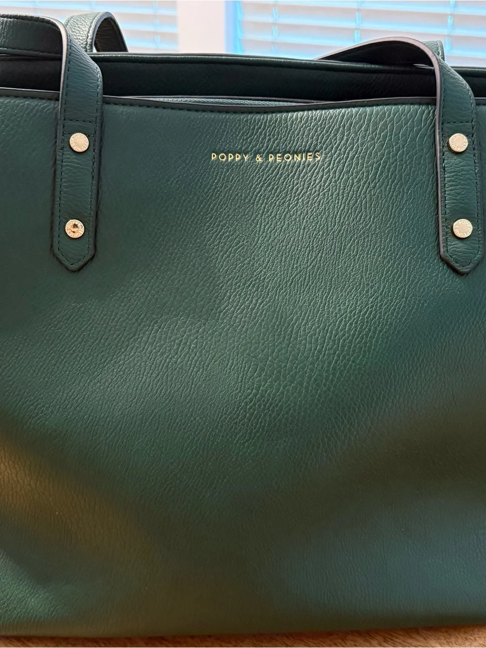 Poppy & Peonies Forest Green Leather Tote with Gold Accents